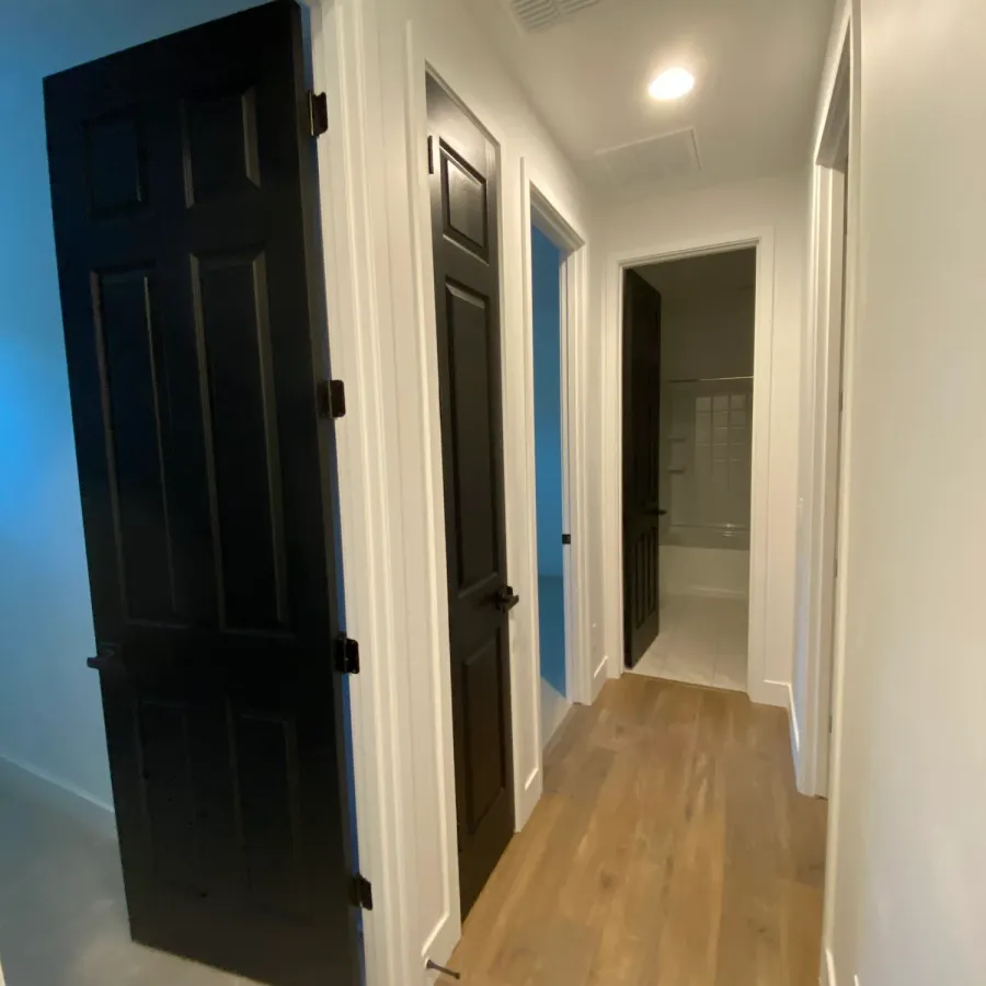 A hallway of interior doors painted black against white walls